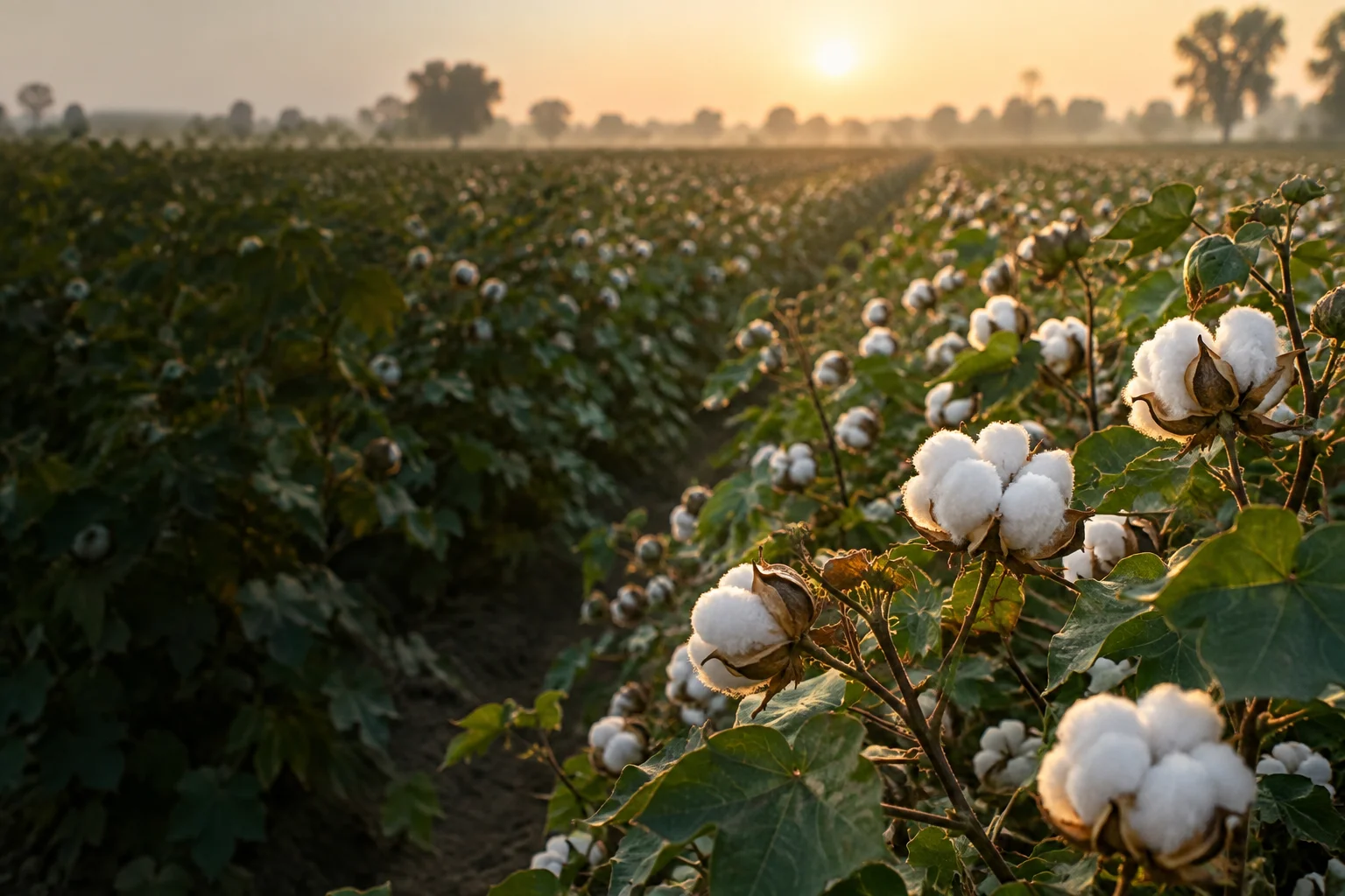 Illustrative scene of open cotton bolls in a sunlit field